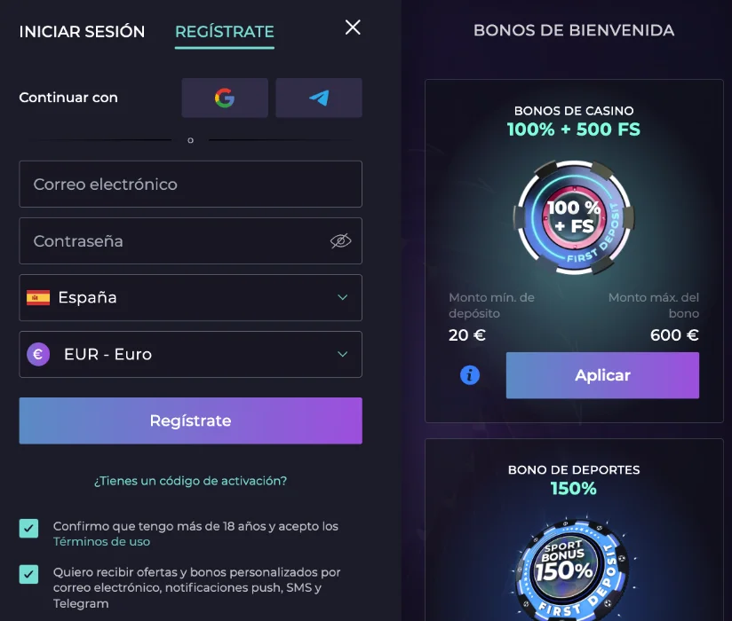 Formulario de registro e inicio de sesión en Izzi Casino